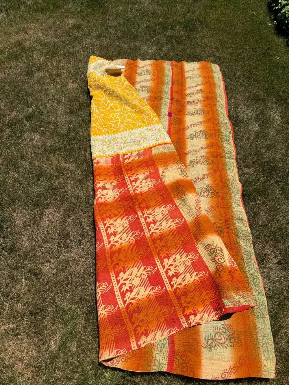 Vintage Handmade Kantha Quilt Blanket Yellow Orange Reversible Boho Cotton Throw